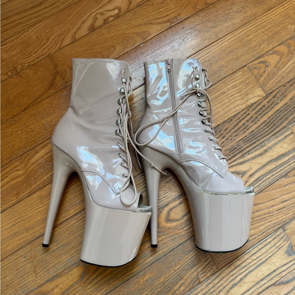 Pleaser Patent Nude 8” Platform Lace-Up Peep Toe Boots